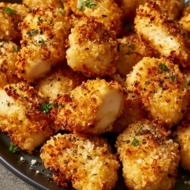 Air fryer ranch-crusted chicken bites served on a plate