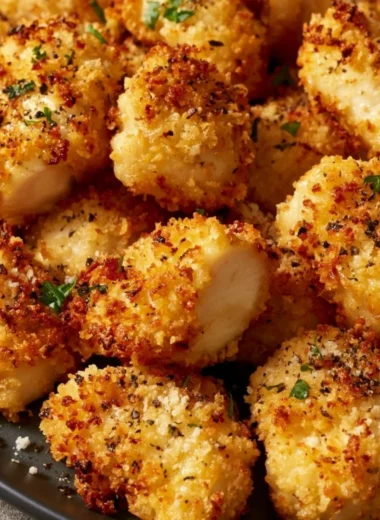 Air fryer ranch-crusted chicken bites served on a plate