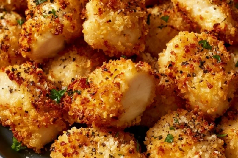 Air fryer ranch-crusted chicken bites served on a plate