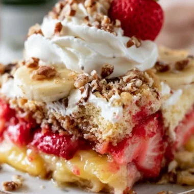 Delicious Banana Split Dump Cake with bananas, cherries, and whipped cream