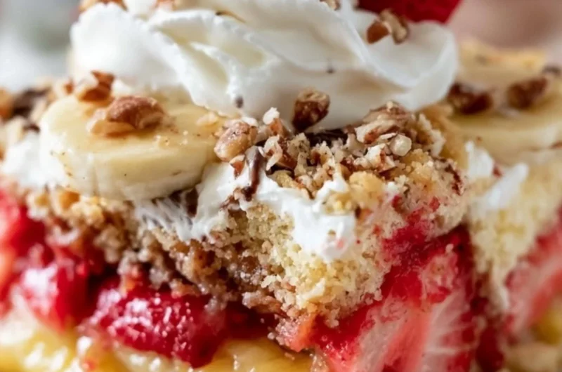 Delicious Banana Split Dump Cake with bananas, cherries, and whipped cream