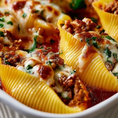 Delicious beef stuffed shells topped with marinara sauce and cheese