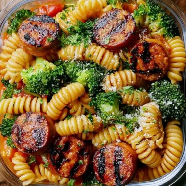 Healthy chicken sausage pasta meal prep bowl ready to enjoy