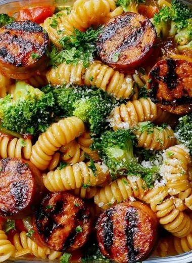Healthy chicken sausage pasta meal prep bowl ready to enjoy