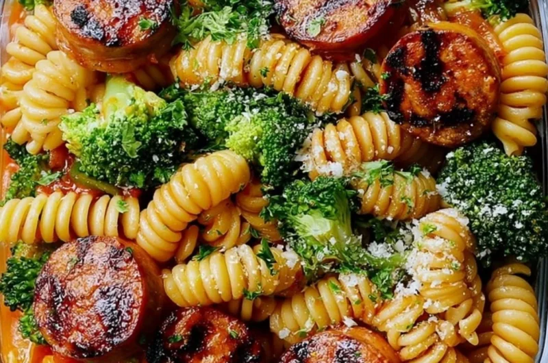 Healthy chicken sausage pasta meal prep bowl ready to enjoy