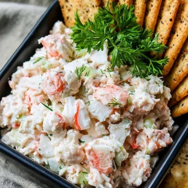 Delicious chunky cold crab dip served with crackers and fresh herbs.