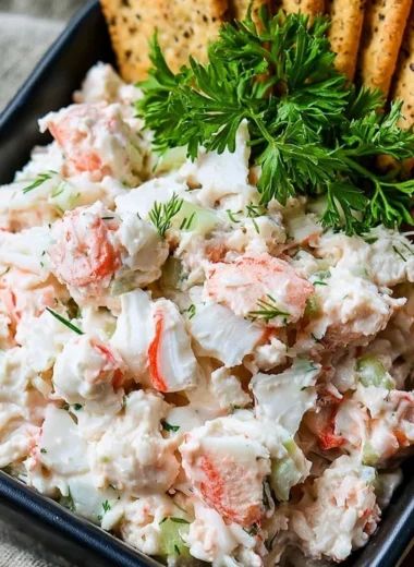 Delicious chunky cold crab dip served with crackers and fresh herbs.