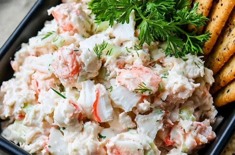 Delicious chunky cold crab dip served with crackers and fresh herbs.