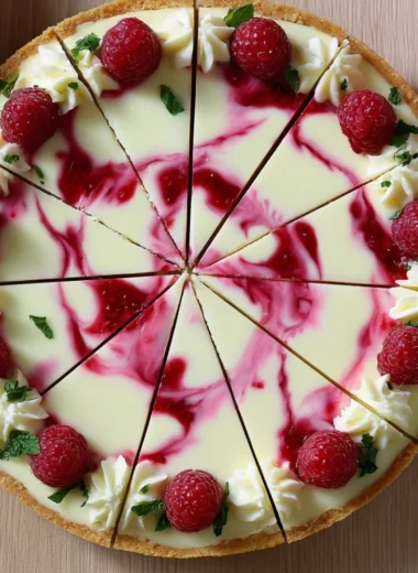 Cozy Raspberry White Chocolate Cheesecake topped with fresh raspberries