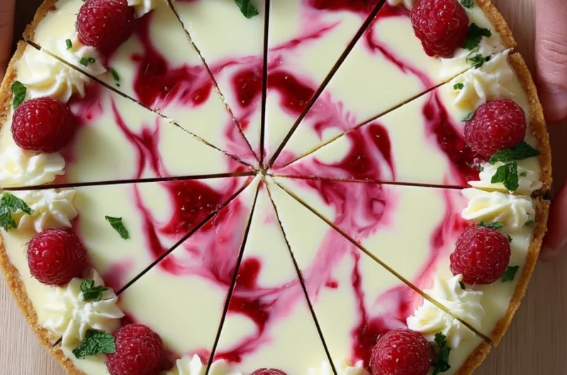 Cozy Raspberry White Chocolate Cheesecake topped with fresh raspberries