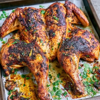 Deliciously roasted spatchcock chicken served with herbs and spices