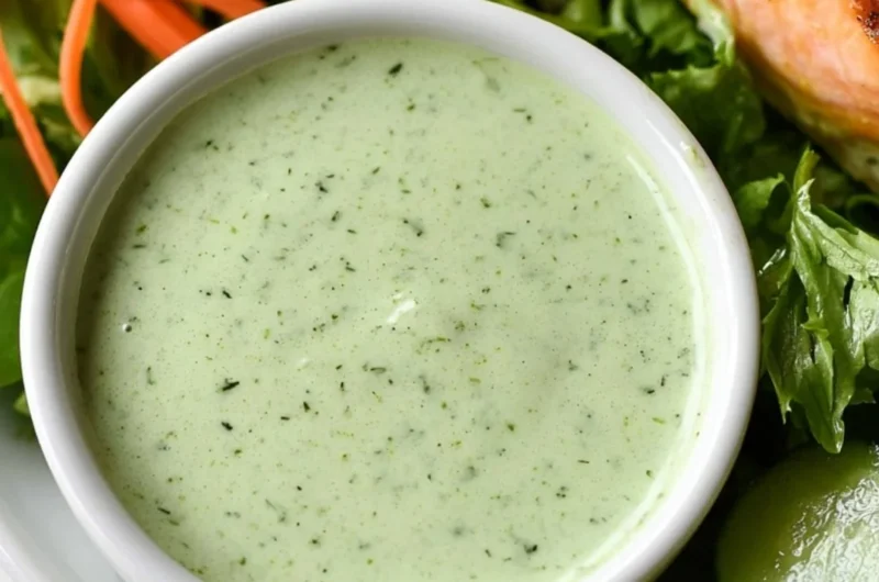 Creamy basil dressing served in a glass jar garnished with fresh basil leaves
