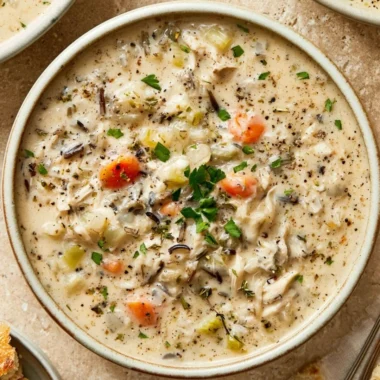 Bowl of creamy Crockpot chicken wild rice soup garnished with herbs