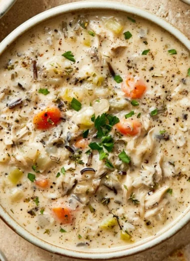 Bowl of creamy Crockpot chicken wild rice soup garnished with herbs
