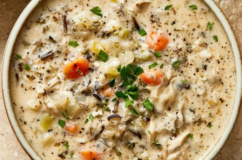 Bowl of creamy Crockpot chicken wild rice soup garnished with herbs