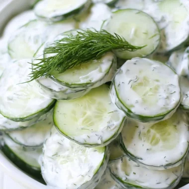 Creamy cucumber salad with onions and a tangy dressing in a bowl