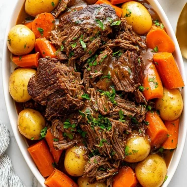 Delicious crockpot chuck roast with vegetables ready to serve.