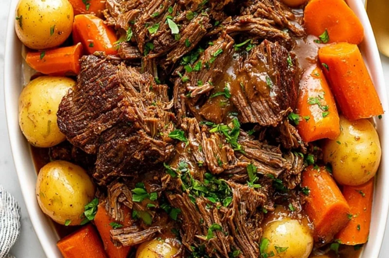 Delicious crockpot chuck roast with vegetables ready to serve.