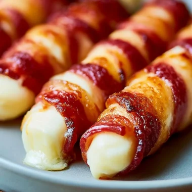 Crispy bacon mozzarella sticks on a plate, perfect for carnivore diet enthusiasts.