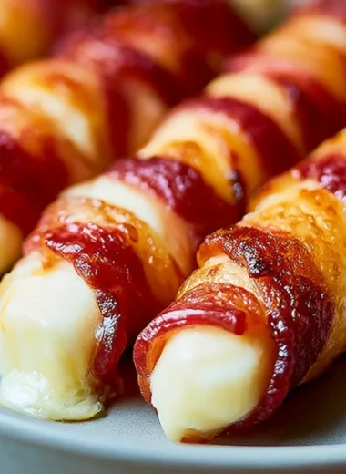 Crispy bacon mozzarella sticks on a plate, perfect for carnivore diet enthusiasts.