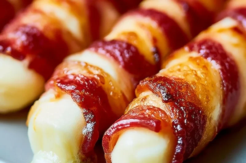 Crispy bacon mozzarella sticks on a plate, perfect for carnivore diet enthusiasts.