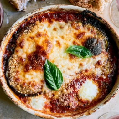 Deliciously baked Eggplant Parmesan with cheese and marinara sauce