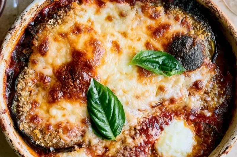 Deliciously baked Eggplant Parmesan with cheese and marinara sauce