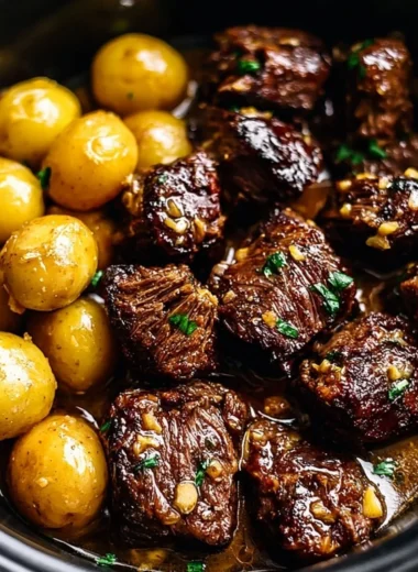 Garlic Butter Beef Bites served with golden roasted potatoes