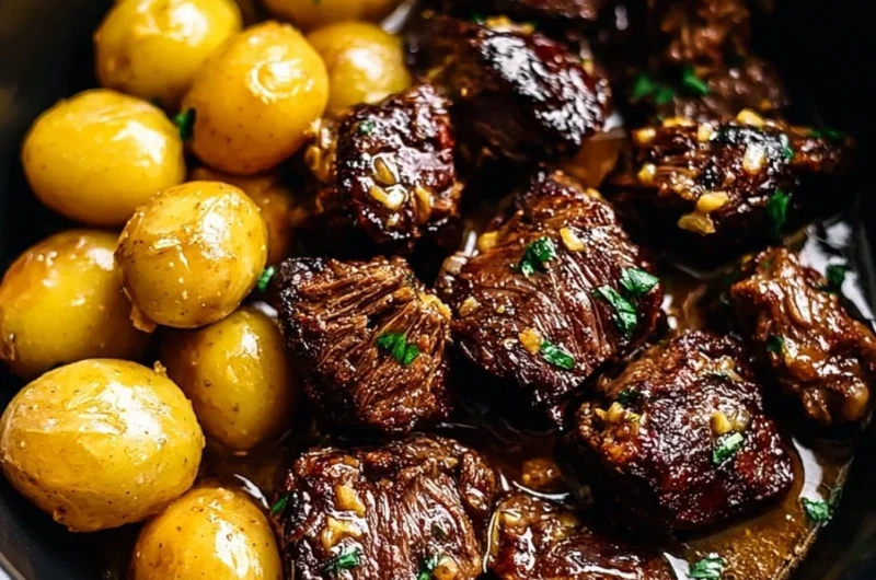 Garlic Butter Beef Bites served with golden roasted potatoes