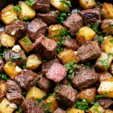 Garlic butter steak bites served with seasoned potatoes on a plate