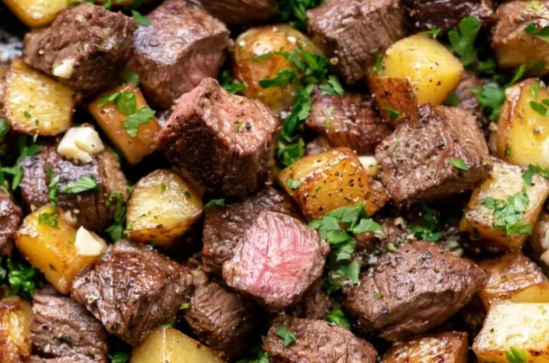 Garlic butter steak bites served with seasoned potatoes on a plate