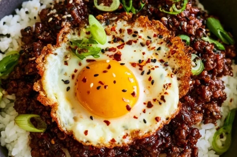 Delicious Korean Ground Beef Bowl garnished with green onions and sesame seeds