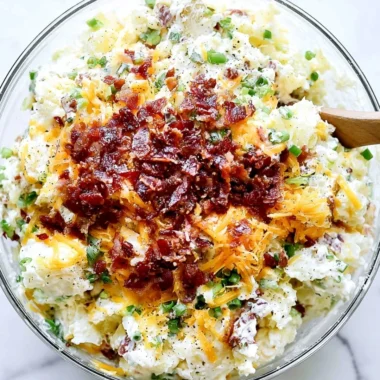 Delicious loaded baked potato salad topped with bacon, cheese, and green onions