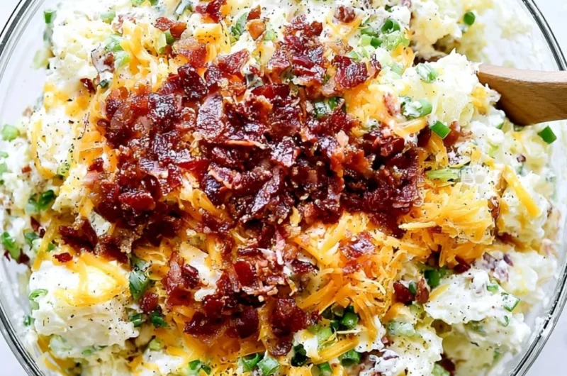 Delicious loaded baked potato salad topped with bacon, cheese, and green onions