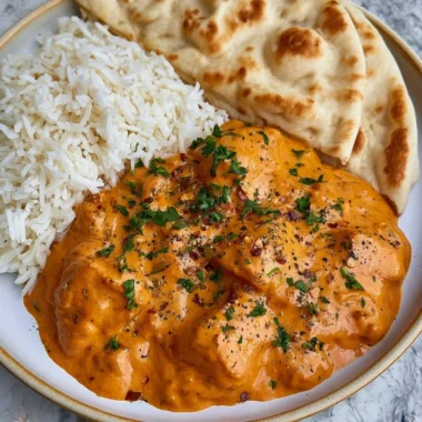Delicious homemade butter chicken served with rice and garnished with cilantro