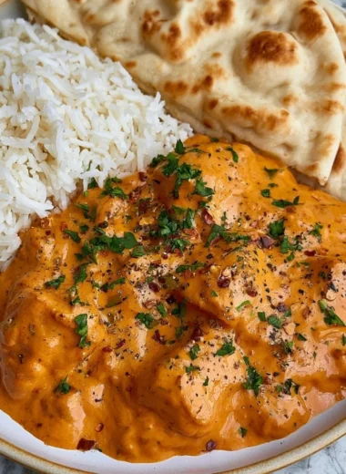 Delicious homemade butter chicken served with rice and garnished with cilantro