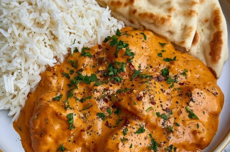 Delicious homemade butter chicken served with rice and garnished with cilantro