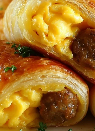 Sausage egg breakfast roll served on a plate, garnished with fresh herbs.