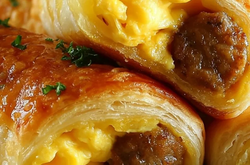 Sausage egg breakfast roll served on a plate, garnished with fresh herbs.