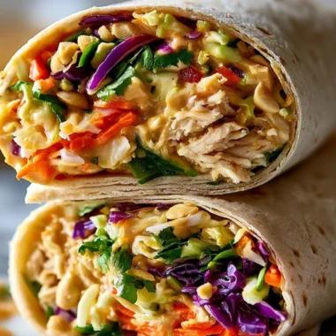 Thai Peanut Chicken Wraps with fresh vegetables and peanut sauce