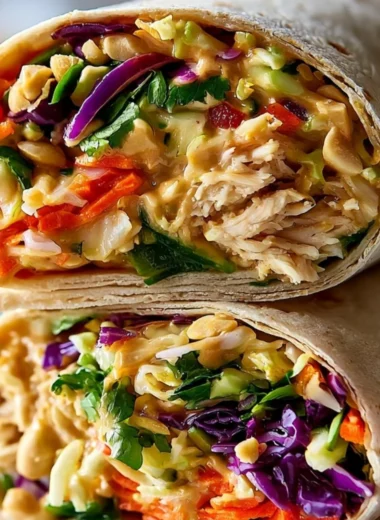 Thai Peanut Chicken Wraps with fresh vegetables and peanut sauce