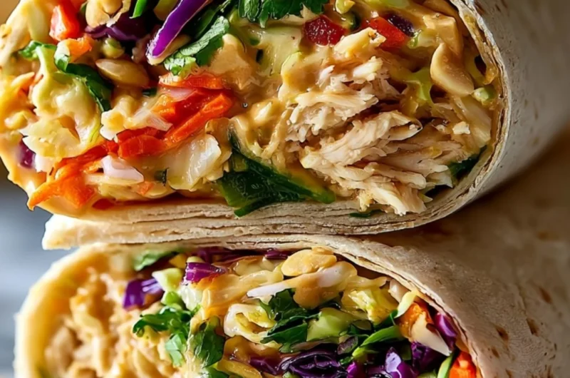 Thai Peanut Chicken Wraps with fresh vegetables and peanut sauce