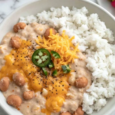 A cozy dish of cheesy pinto beans served in a bowl