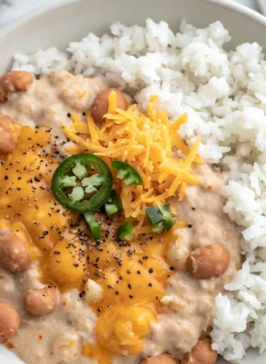 A cozy dish of cheesy pinto beans served in a bowl