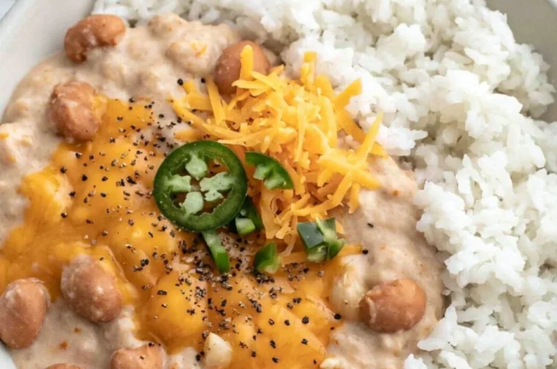 A cozy dish of cheesy pinto beans served in a bowl