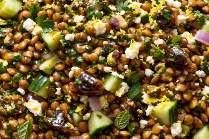 Cozy lentil salad with feta cheese in a bowl garnished with fresh herbs