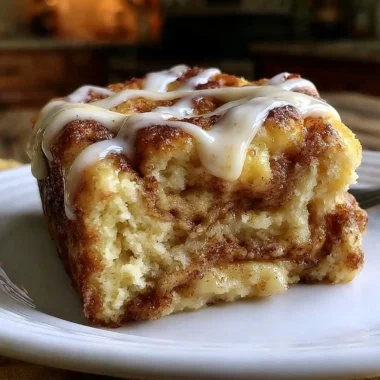 Delicious cinnamon roll coffee cake topped with icing and cinnamon