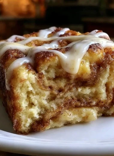 Delicious cinnamon roll coffee cake topped with icing and cinnamon