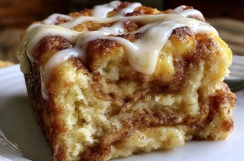 Delicious cinnamon roll coffee cake topped with icing and cinnamon