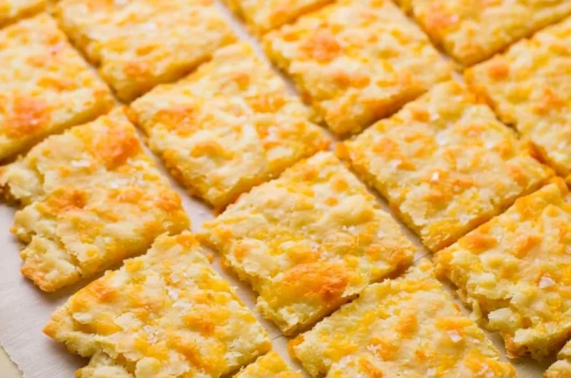 Cozy homemade sourdough crackers with cheddar cheese on a rustic wooden board.